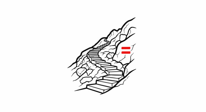 Stylized stone staircase ascends a craggy mountain slope