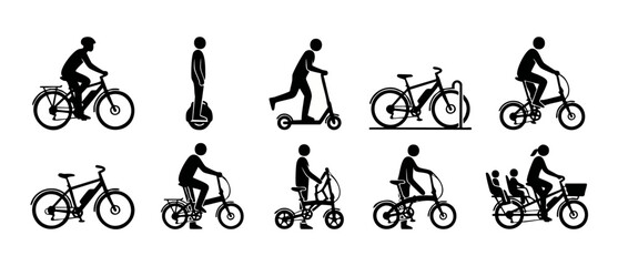 Obraz premium Electric Bicycle and Scooter Icons Set, Personal Urban Mobility Vehicles, Folding Bike and Sustainable Transportation Symbols, Eco-Friendly Commuting Pictograms, Black Vector Illustration Collection