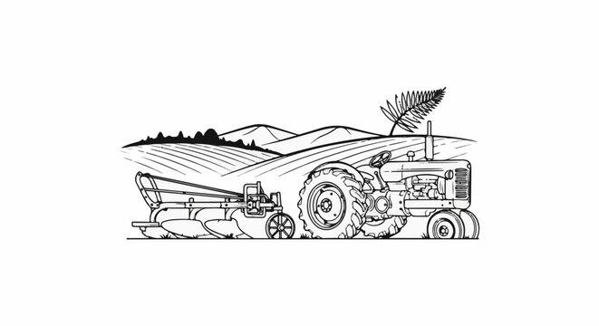 Vintage tractor plowing a field with rolling hills and a leafy plant