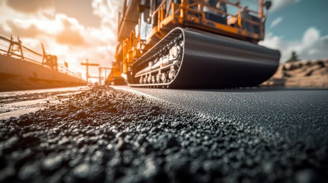 Heavy asphalt paving machine laying new road surface