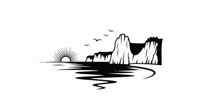 Stylized sunrise over ocean with cliffs and flying birds