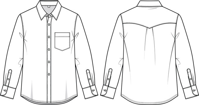 Technical Fashion Flat Sketch of Men Long Sleeve Button Down Shirt with Chest Pocket and Back Yoke for Apparel Tech Pack Design