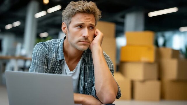 Exhausted male entrepreneur sitting alone in empty coworking space after company shutdown, cardboard boxes stacked nearby, laptop displaying final expense report, ideal for busines