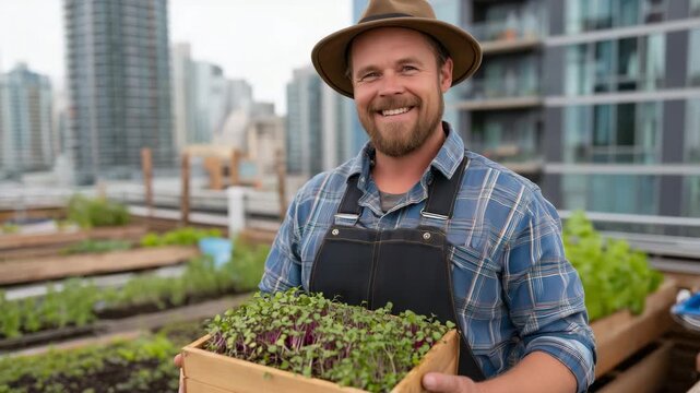 Farmer holding wooden crate filled with just harvested radishes and microgreens from rooftop urban garden, city skyline visible behind raised planting beds, morning dew on leaves,