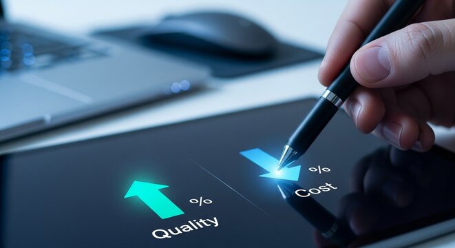 Hand using stylus on tablet showing quality up and cost down arrows, business concept