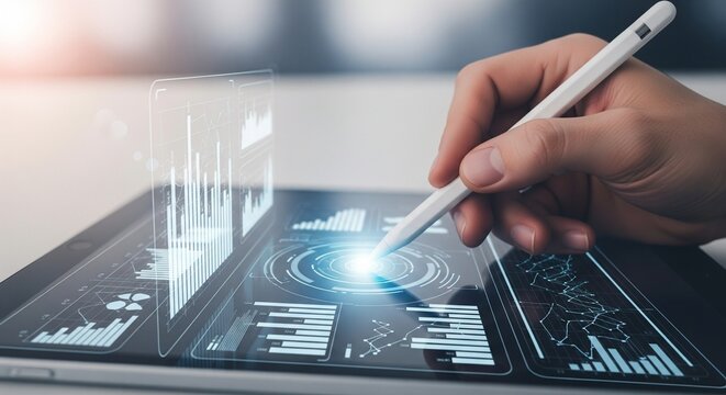 Hand using stylus on tablet displaying futuristic data analytics interface, digital transformation concept