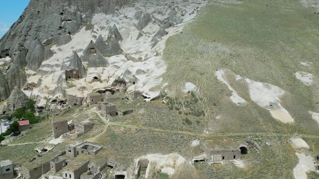 The lower living quarters and the contrast between rock and nature, Aerial View of Selime Monastery Rock Dwellings and Greenery