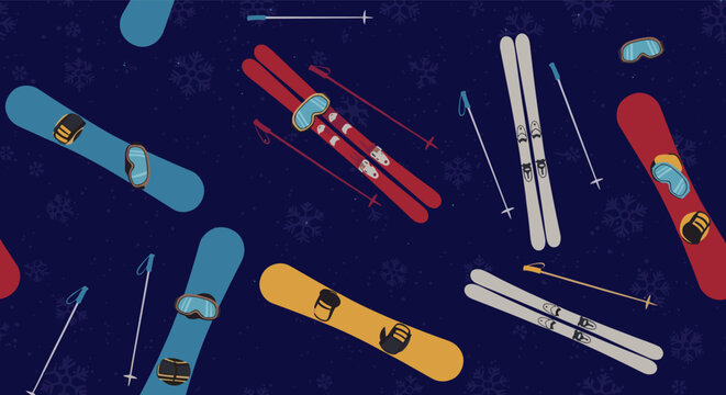 Winter sports seamless pattern featuring snowboards and skis with colorful gear like goggles and gloves on a snowflake background.