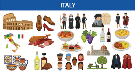 Italy Culture Icon Set Flat Vector Illustration Italian Food, Landmarks and Traditional Symbols Isolated on White Background © Hand of Art