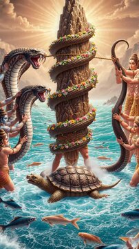 Hindu deities and mythical serpents churn the cosmic ocean around a mountain supported by a giant turtle.