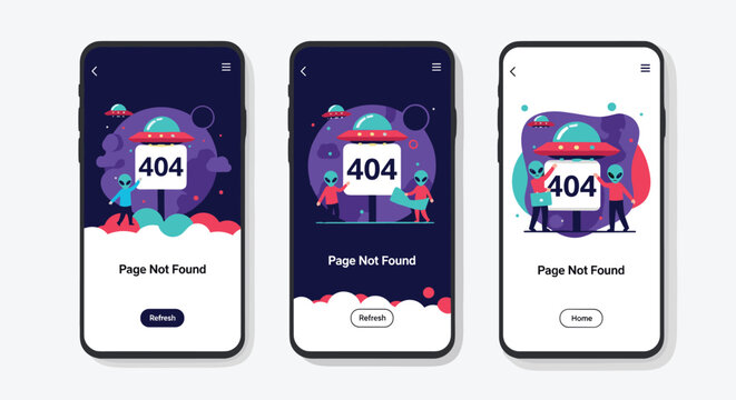 Creative 404 page not found error screens for mobile apps featuring cute alien characters and flying saucers in cosmic space backgrounds.