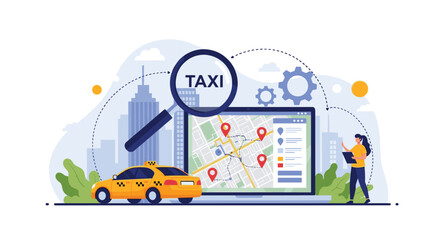 Naklejka premium Online taxi booking service concept with a yellow car and a digital map displaying city locations and real-time tracking information.