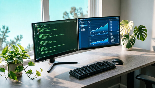 Dual Monitor Workspace With Code And Analytics