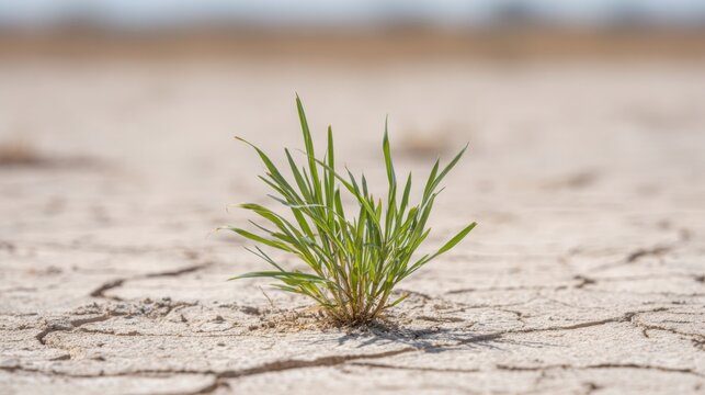 A single tenacious blade of grass piercing through dry cracked earth, showcasing nature's resilience.