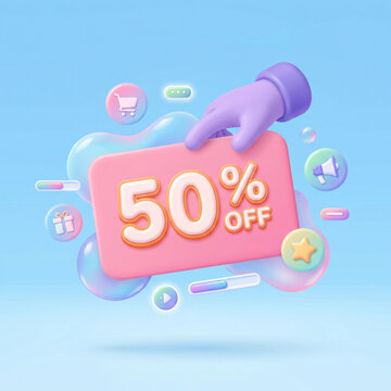 Hand holding 50 percent off discount sign floating with shopping icons e commerce discount shopping promotion marketing commerce business consumer purchase megaphone illustration customer