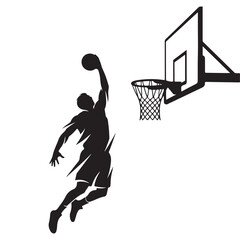 Basketball player silhouette performing a slam dunk into a hoop vector illustration for sports branding © Zulfa