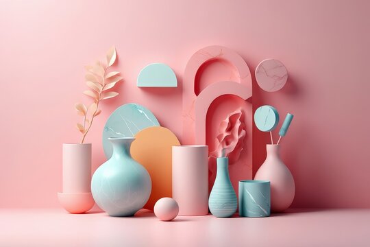 Colorful arrangement of pastel vases and decorative objects on a pink background with arches
