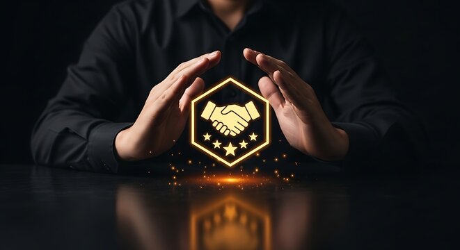 Hands protect glowing handshake and stars emblem representing trust, partnership, and quality assurance in business or services.