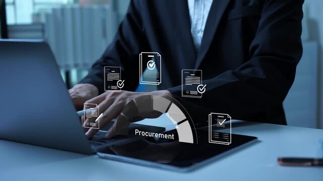 Businessman verifying procurement documents for supply chain management, vendor partnership, service approval, and business process control.