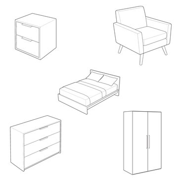 Isometric transitional bedroom ffe bundle and freestanding storage linear drawing