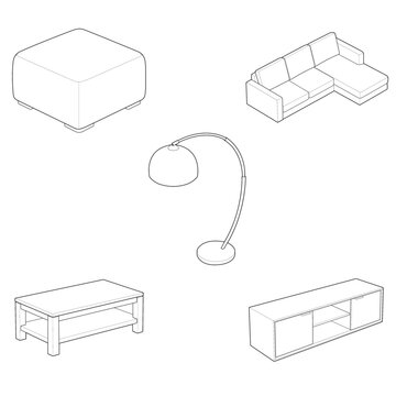 Isometric 5 piece transitional lounge ffe bundle and open center credenza linear drawing