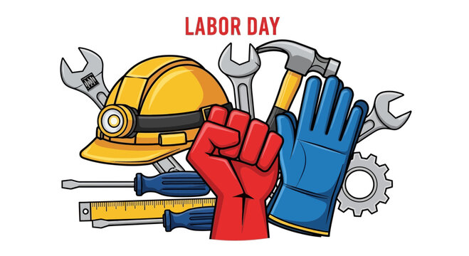 Bright labor day celebration vector illustration featuring a raised red fist symbol surrounded by essential industrial construction tools like a yellow safety hard hat and blue work gloves for profess