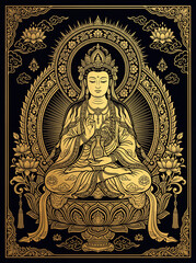 Fototapeta premium Detailed flat art vector illustration of Guanyin (Goddess of Mercy / Avalokitesvara Bodhisattva) meditating on a lotus flower