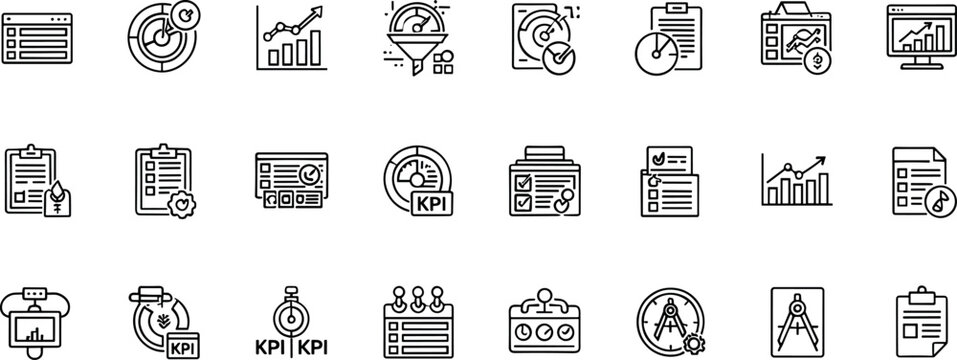 Business analytics KPI performance dashboard line icon set including charts monitoring reporting finance outline vector collection