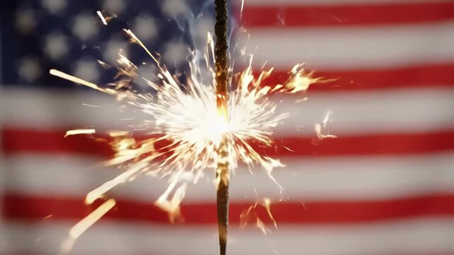 A sparkler burns brightly in front of a blurred american flag background on a festive occasion