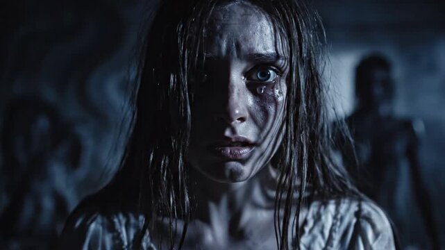 A distressed woman with wet hair and smudged makeup staring in fear inside a dark room with a blurry shadowy figure lurking in the background space