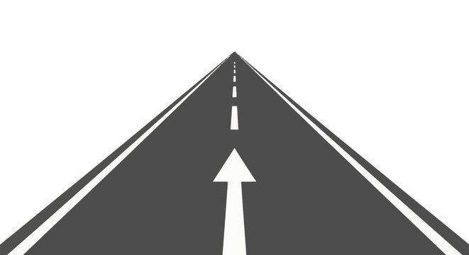 A straight, empty asphalt road with white lines and an arrow, receding into the distance under a white sky