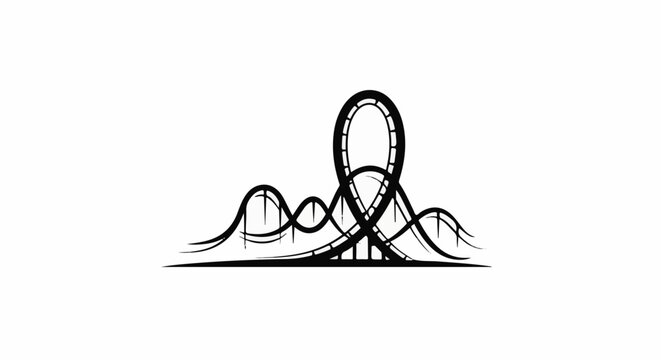 A stylized black and white line art illustration of a thrilling roller coaster with a vertical loop and various hills