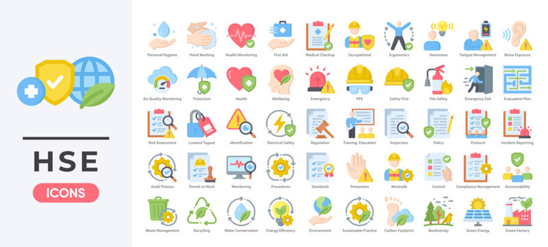 HSE icon set featuring workplace safety, health monitoring, environmental protection, and compliance systems. Simple flat color vector.