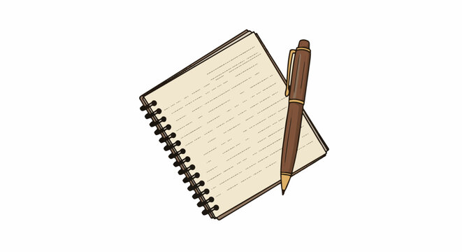 A simple, hand-drawn style illustration of a spiral-bound notebook with lined pages and a brown pen