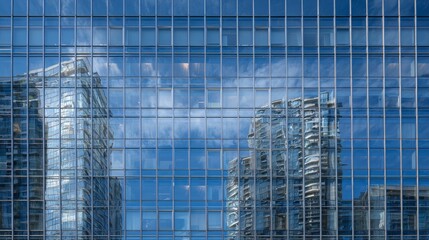Fototapeta premium Modern skyscraper facade reflecting cityscape and cloudy sky