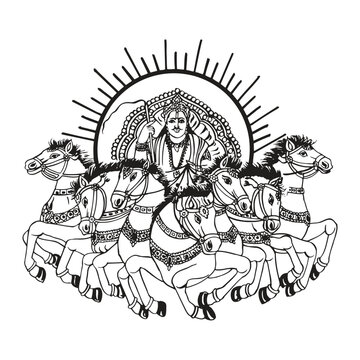 Surya Deva with Seven Horses of the Sun - Hindu Deity Vector Line Art