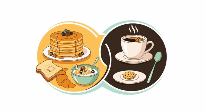 A split image shows a delicious breakfast spread on the left and a steaming cup of coffee with cookies on the right