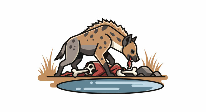 A spotted hyena feasts on a carcass by a waterhole