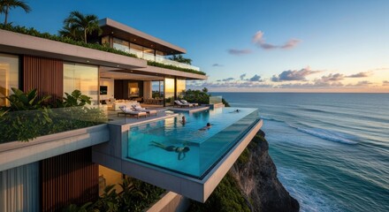 Obraz premium Luxury cliffside villa with infinity pool at sunset, ocean view, people swimming