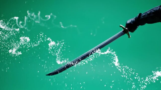 Close up view of a sharp metallic steel sword held by a hand creating swirling water splashes against a solid vibrant green background surface