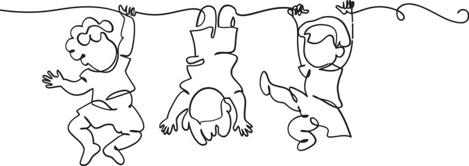 Children playfully hanging upside down from a continuous line drawing © seller