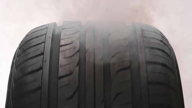 Wheel of the Car is Clouded With Smoke. The spinning wheel rubs against the asphalt and creates a cloud of white smoke on a white background