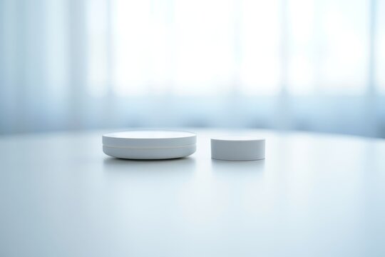 Two small white objects sitting on a white table in front of a bright window with curtains