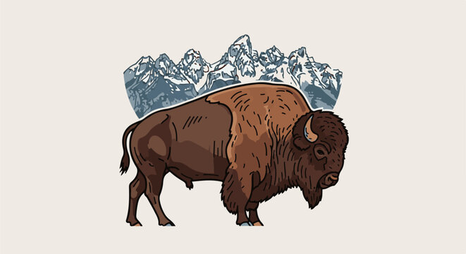 A pixel art bison stands before snow-capped mountains under a pale sky
