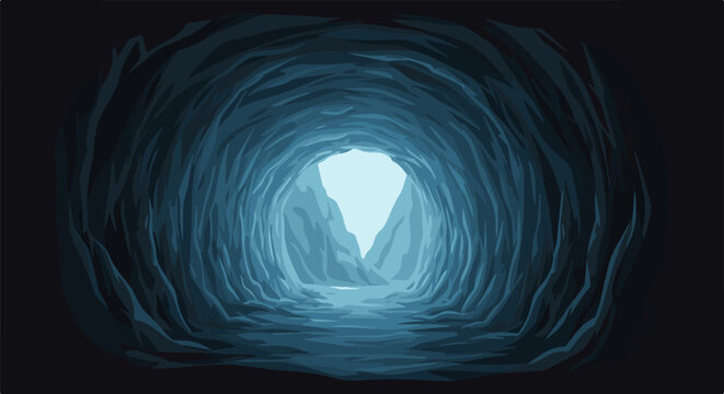 A pixelated cavern tunnel with rough, jagged walls, leading to a bright opening with water