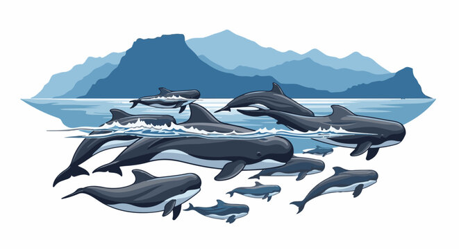 A pod of dark gray dolphins swims through blue ocean waves against a backdrop of layered blue mountains