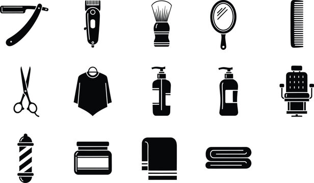 Set of fifteen barber and hair salon icons including scissors razors and clippers on white background
