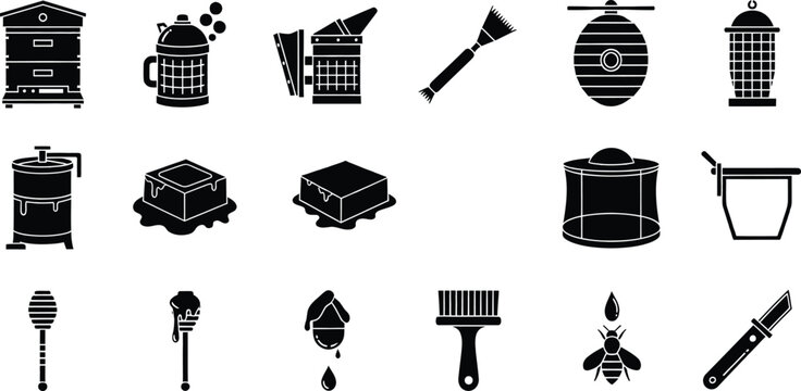 Beekeeping and honey production equipment icon set featuring various tools and accessories.
