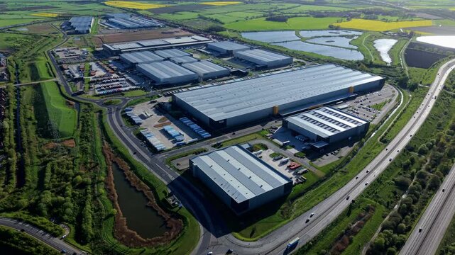 Aerial drone view of massive global supply chain fulfillment centers at iPort logistics park Doncaster
