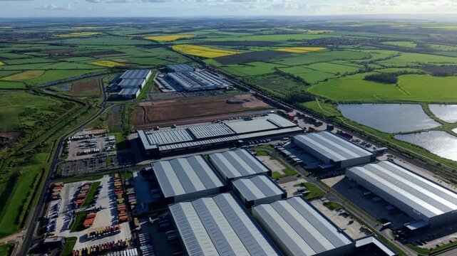 Aerial drone view of massive global supply chain fulfillment centers at iPort logistics park Doncaster